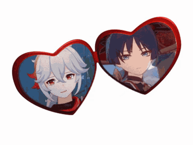 a pair of heart shaped mirrors with anime characters on them