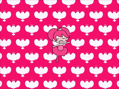 a pink cartoon character is standing in front of a pattern of white hearts on a pink background