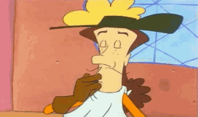 a cartoon character wearing a hat and a white shirt is covering his mouth with his hand .