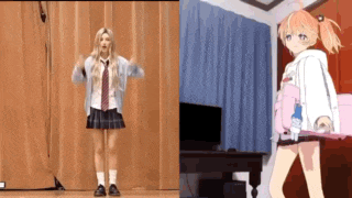 a girl in a school uniform is dancing next to a girl in a pink dress