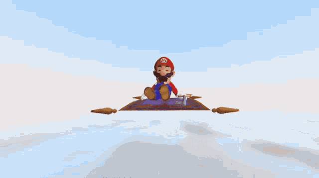 mario is sitting on a magic carpet in the sky