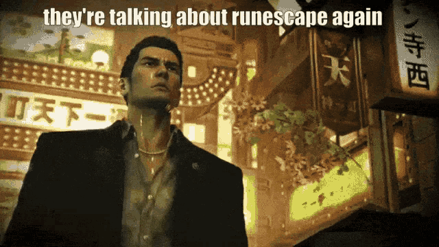 a man in a suit is standing in front of a sign that says they 're talking about runescape again