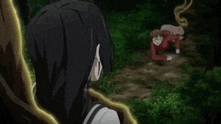 a girl in a school uniform is standing next to a tree in a forest while another girl is laying on the ground .
