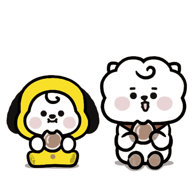 two cartoon characters , chimmy and rj , are eating donuts .