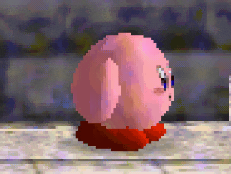 a pixel art drawing of kirby standing on a ledge