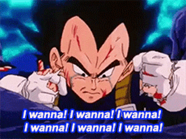 a cartoon character with blood on his face and the words `` i wanna ! i wanna ! i wanna ! ''
