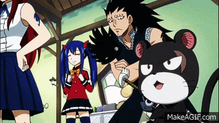 a group of anime characters are standing around a teddy bear with makeagif.com at the bottom of the screen