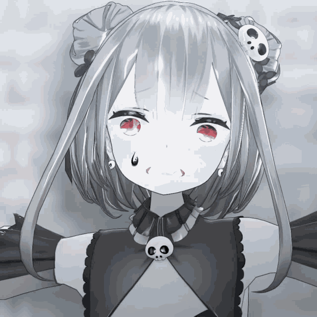 a black and white drawing of a girl with a skull on her neck