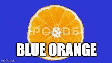 a slice of orange on a blue background with the word blue orange below it