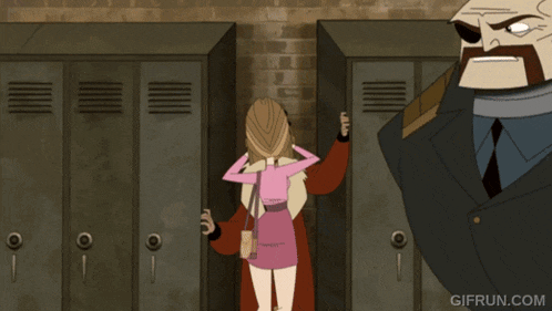 a cartoon of two women standing next to each other with gifrun.com written on the bottom