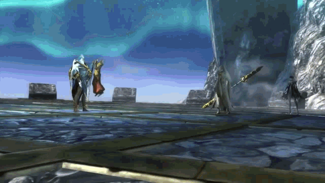 a video game scene with a man holding a sword and a woman holding a shield