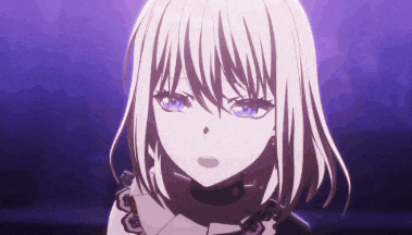 a girl with white hair and blue eyes is looking at the camera with a purple background .
