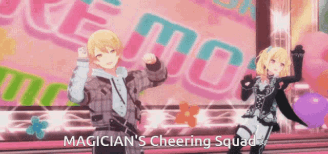 a couple of anime characters are dancing on a stage with the words magician 's cheering squad written on the bottom