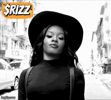 a black and white photo of a woman wearing a hat with a sign that says $rizz on it