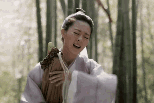 a woman in a purple robe is standing in a forest holding a stick .