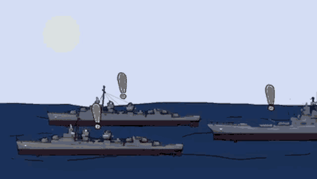 a cartoon of two ships in the ocean with a yellow exclamation point above them