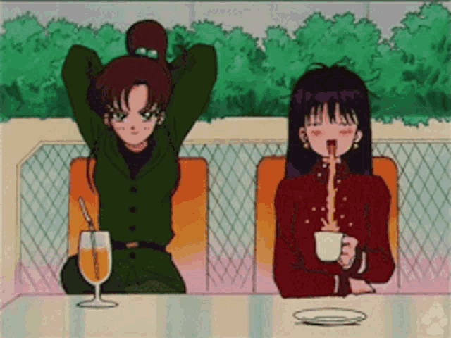 two anime girls sit at a table drinking tea