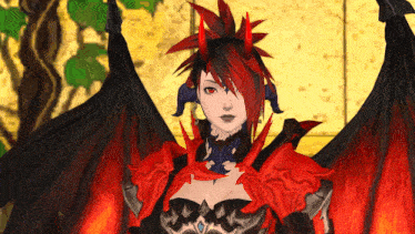 a woman with red hair and horns is wearing a red and black outfit
