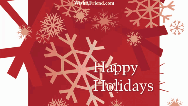 red background with snowflakes and the words happy holidays