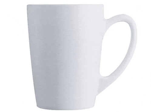 a white coffee mug with a handle is sitting on a white surface .