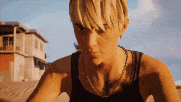 a woman wearing a black tank top and a chain around her neck
