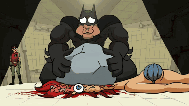 a cartoon drawing of batman and robin holding a rock