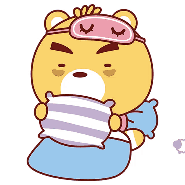 a cartoon bear wearing a sleep mask holds a pillow