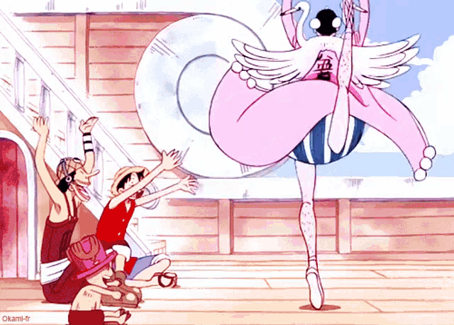 a group of people are watching a pink swan in a cartoon