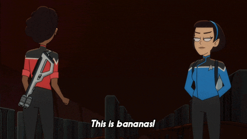 two cartoon characters are standing next to each other and one says " this is bananas "