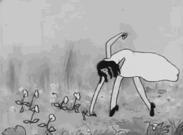 a black and white drawing of a woman standing next to a flower .