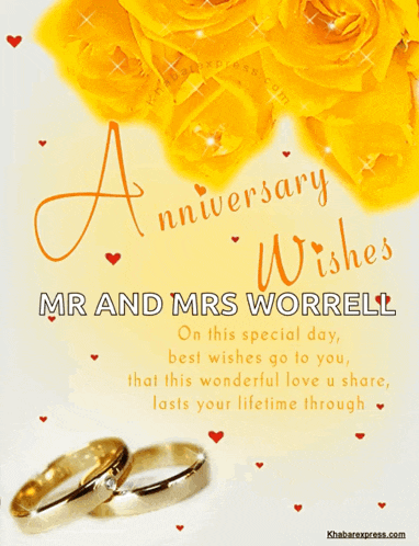 a greeting card for mr and mrs worrell with yellow roses in the background