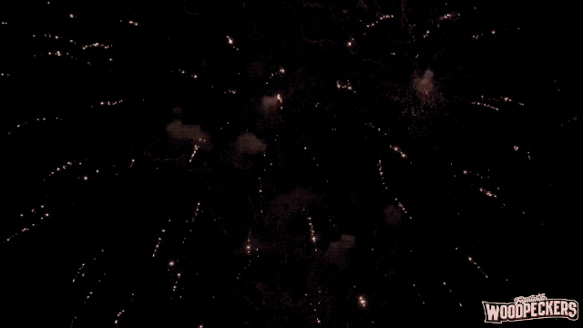 a fireworks display with the words woodpeckers on the bottom right