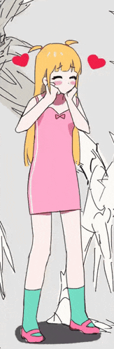 a drawing of a girl in a pink dress with a heart above her head
