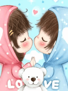 a boy and a girl are kissing while holding a teddy bear and the word love is on the bottom