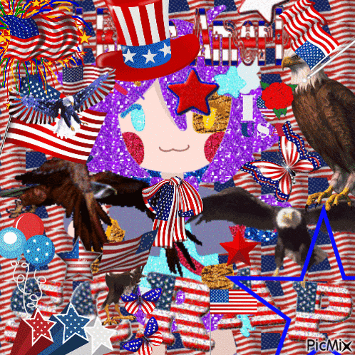a girl with purple hair is surrounded by american flags balloons and eagles