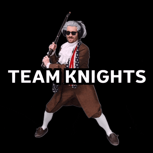 a man in a wig and sunglasses is holding a sword in front of the word team knights