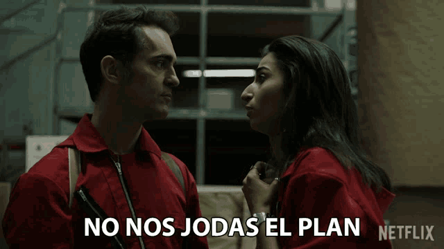 a man and a woman are standing next to each other with the words no nos jodas el plan on the bottom