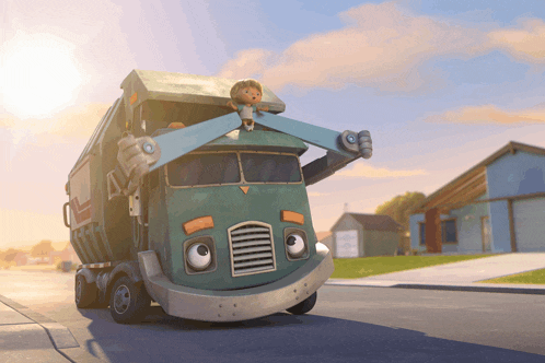 a cartoon garbage truck with a boy on top