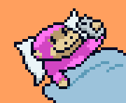 a pixel art drawing of a person in a pink outfit