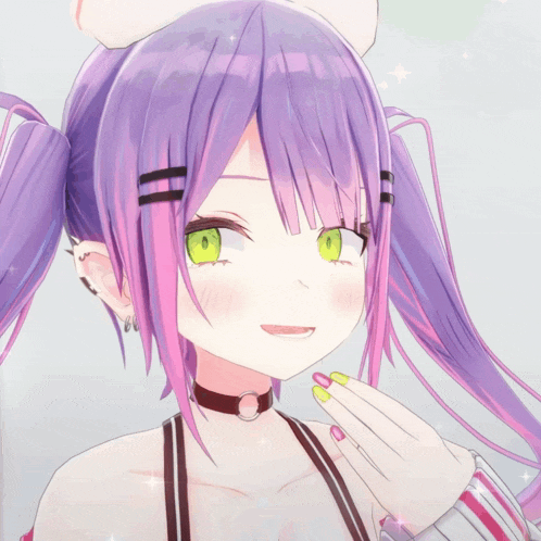 a girl with purple hair and green eyes