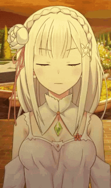 a white haired anime girl with her eyes closed and a flower in her hair