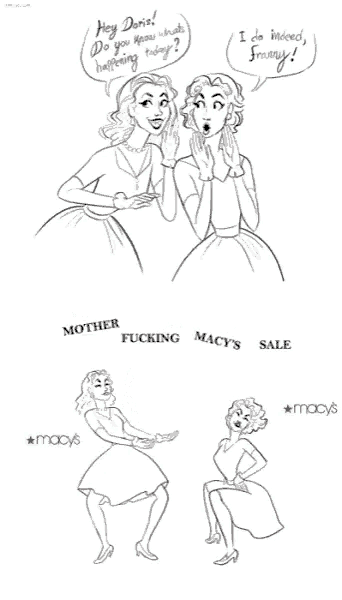 a black and white drawing of two women with macy 's written on the bottom
