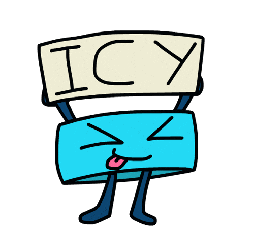 a cartoon character holding a sign that says " icy "