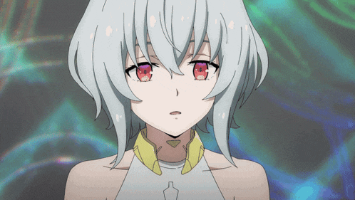 a girl with white hair and red eyes has a yellow collar