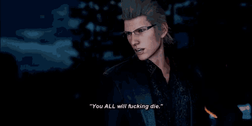 a video game character is saying " you all will fucking die " .