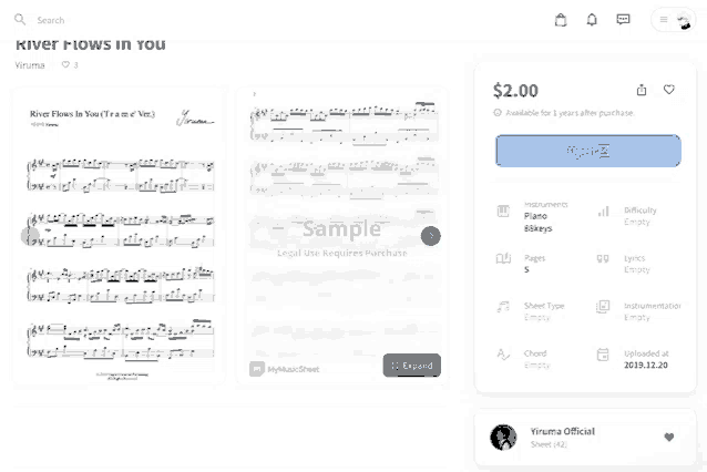 a sheet of music titled river flows in you is available for $ 2.00