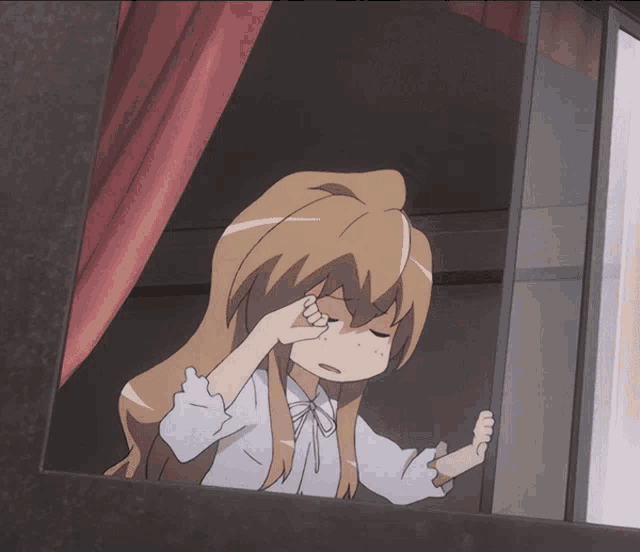 a cartoon girl is looking out of a window