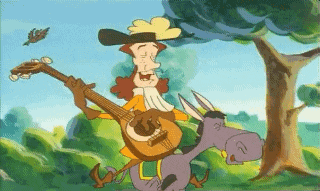 a man playing a guitar while riding a donkey