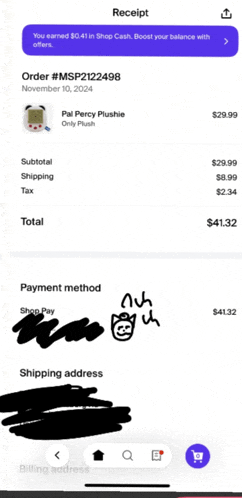 a receipt for a pal percy plushie only plush is shown