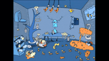 a cartoon drawing of a room with a sign that says ' i 'm sorry '